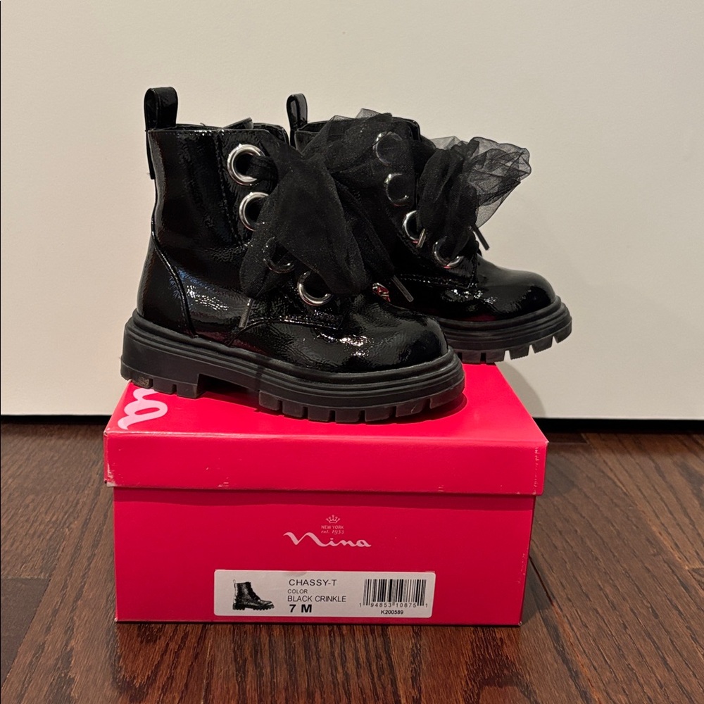 Nina Chassy  Black Toddler Boots with Tulle Bow toddler girl size 7